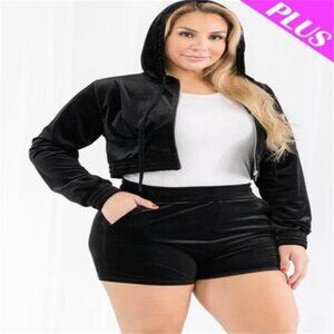 Plus Size Velour Crop Zip Up Hoodie and Shorts Set